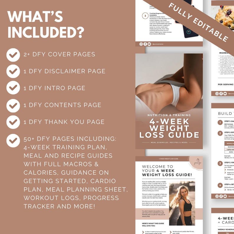 May include: A digital weight loss guide with a brown and white design. The guide includes a 4-week training plan, meal and recipe guides, and a progress tracker. The text "What's Included?" is at the top.