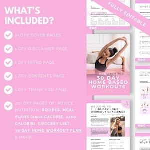 Puede incluir: Una descarga digital imprimible en rosa y blanco para un desaf&iacute;o de entrenamiento en casa de 30 d&iacute;as. La imagen muestra a una mujer haciendo ejercicio en una sala de estar. El texto "FULLY EDITABLE" est&aacute; en la esquina superior derecha de la imagen.
