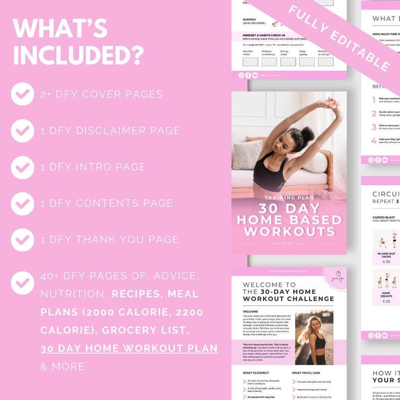 Puede incluir: Una descarga digital imprimible en rosa y blanco para un desaf&iacute;o de entrenamiento en casa de 30 d&iacute;as. La imagen muestra a una mujer haciendo ejercicio en una sala de estar. El texto "FULLY EDITABLE" est&aacute; en la esquina superior derecha de la imagen.