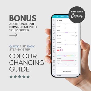 May include: A smartphone screen displaying a Canva editing interface with colour adjustment sliders for whites, blacks, vibrance, saturation, hue, and brightness. The text "EDIT WITH Canva" is in a circle at the top right corner of the screen. The text "BONUS ADDITIONAL PDF DOWNLOAD WITH YOUR ORDER" is on the left side of the image. The text "QUICK AND EASY, STEP-BY-STEP COLOUR CHANGING GUIDE" is below the bonus text. Five stars are below the guide text.