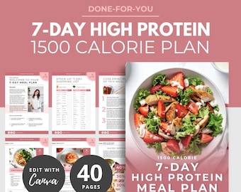 7-dniowy plan posiłków o wysokiej zawartości białka, 1500 kalorii, edytowalny szablon Canva, szablon e-booka o odżywianiu, doradztwo zdrowotne PLR, doradztwo żywieniowe, DFY