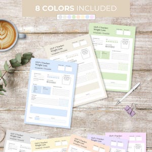 Puede incluir: Una colecci&oacute;n de hojas de seguimiento de p&eacute;rdida de peso coloridas con el texto "GLP-1 Tracker: Weight Loss" y "8 COLORS INCLUDED". Las hojas son de varios colores pastel, incluyendo azul, verde y rosa, con un gr&aacute;fico de b&aacute;scula.