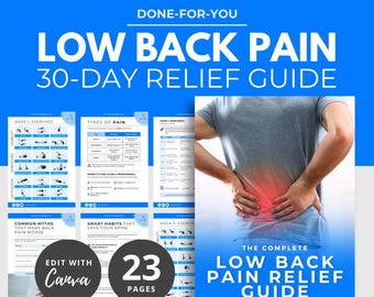 30-day Low Back Pain Relief Guide, PLR Digital Products, Canva eBook Template, Home Workout Plan, DFY Health Coaching Resource, Lower Back