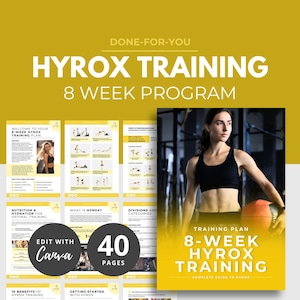 Könnte beinhalten: Gelb-weiße Grafik mit dem Text "HYROX TRAINING 8 WEEK PROGRAM". Das Bild zeigt eine Frau mit einem Medizinball und mehrere Seiten eines Trainingsplans. Der Text "EDIT WITH Canva" ist ebenfalls sichtbar.