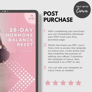 Peut inclure: Maquette de produit num&eacute;rique sur un &eacute;cran de tablette avec un design rose et blanc. Le texte indique "28-DAY HORMONE BALANCE RESET" et "POST PURCHASE". L'image comprend des instructions pour acc&eacute;der et modifier le mod&egrave;le.