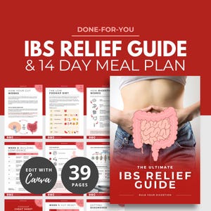 Puede incluir: Una guía de alivio del SII roja y blanca con un plan de comidas de 14 días. La guía presenta una ilustración rosa de los intestinos y el texto "The Ultimate IBS Relief Guide". La guía tiene 39 páginas y es editable con Canva.
