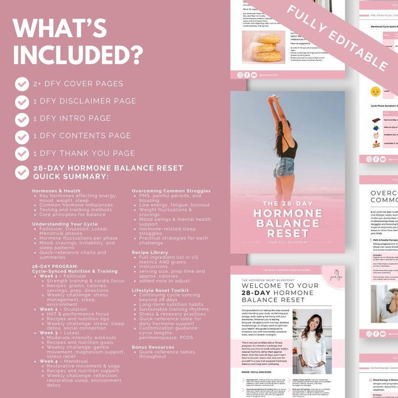 Peut inclure: Document num&eacute;rique rose et blanc intitul&eacute; "The 28-Day Hormone Balance Reset". Il d&eacute;taille le r&eacute;sum&eacute; rapide du programme, la biblioth&egrave;que de recettes et la trousse d'outils de r&eacute;initialisation du mode de vie. L'image pr&eacute;sente &eacute;galement une femme en tenue de sport.