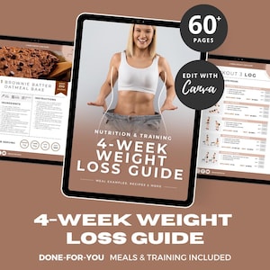 May include: A digital 4-Week Weight Loss Guide displayed on a tablet, featuring a woman in a white top and jeans. The guide includes meal examples, recipes, and training. The text reads "Done-For-You Meals & Training Included."