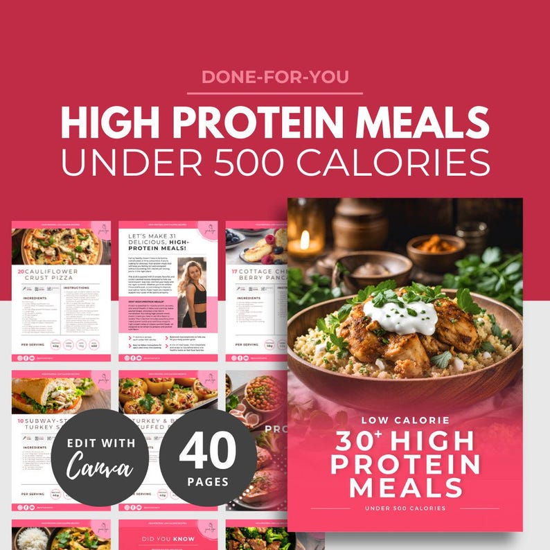High Protein Low Calorie Recipes, DFY Meal Guide, Canva eBook Template, Fitness eBook Template, DFY Health Coaching Resource, DFY Meal Plan image 1