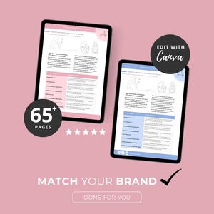 Peut inclure: Deux tablettes noires affichant un document avec du texte et des illustrations, sur fond rose. Le texte comprend l'expression "D&eacute;s&eacute;quilibres hormonaux courants chez les femmes". Un graphique circulaire indique "65+ PAGES". L'image comprend &eacute;galement le texte "Edit with Canva" et "Match Your Brand."