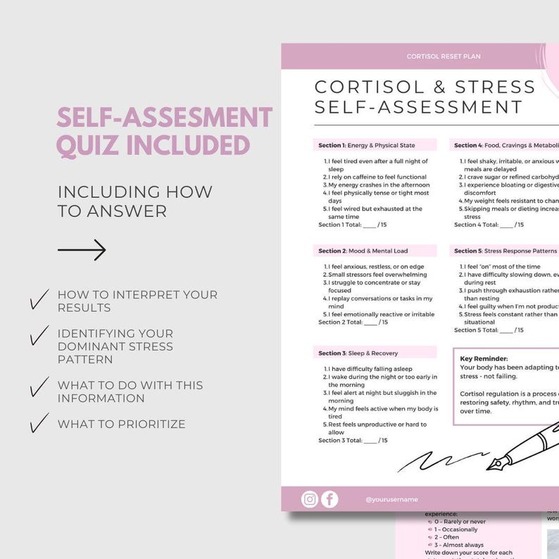 May include: A self-assessment quiz on a white and pink background. The title reads "Cortisol & Stress Self-Assessment." The quiz includes sections on energy, mood, sleep, food, and stress response. Instructions are provided to interpret results and identify stress patterns.