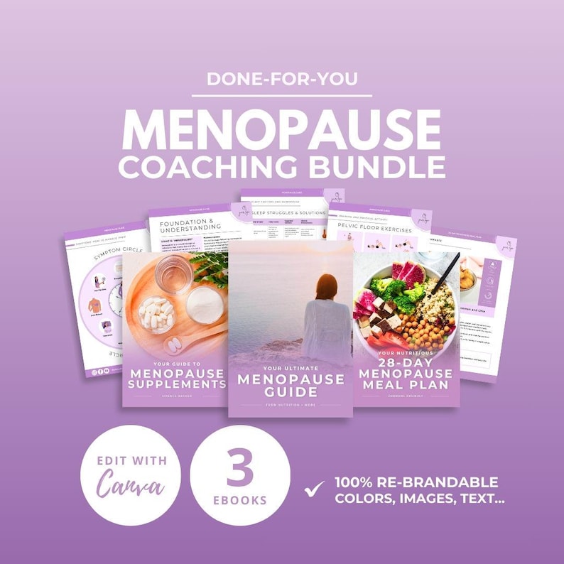 May include: A purple and white ebook bundle titled "Menopause Coaching Bundle." The bundle includes three ebooks: "Your Guide to Menopause Supplements," "Your Ultimate Menopause Guide," and "28-Day Menopause Meal Plan." The image also includes the text "Edit with Canva," "3 Ebooks," and "100% Re-brandable Colors, Images, Text..."
