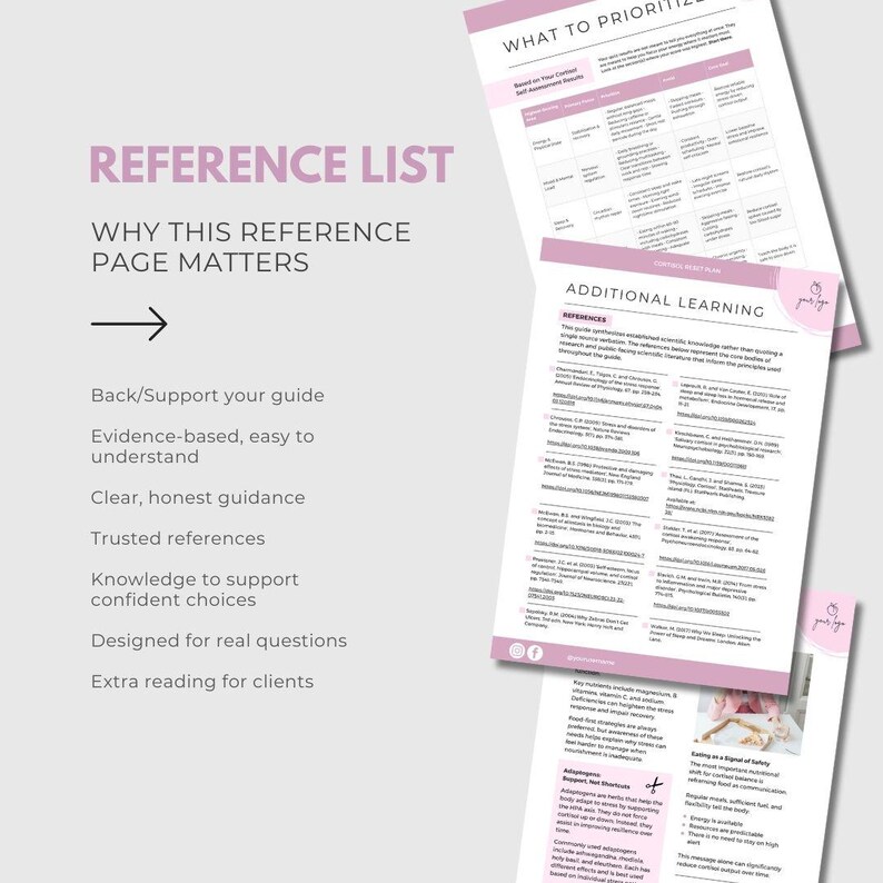 May include: A stack of white papers with pink accents and text. The top paper reads "WHAT TO PRIORITIZE" and "ADDITIONAL LEARNING". The text on the left paper says "REFERENCE LIST" and "WHY THIS REFERENCE PAGE MATTERS".