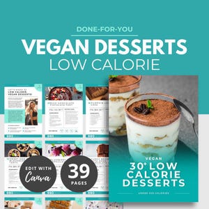 Op de afbeelding: Een turquoise afbeelding met de tekst "VEGAN DESSERTS LOW CALORIE" en "30+ LOW CALORIE DESSERTS UNDER 300 CALORIES". De afbeelding bevat een foto van een gelaagd dessert in een helder glas en receptpagina's.