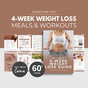 May include: A digital weight loss guide with the text "4-Week Weight Loss Meals & Workouts." The guide includes meal examples, recipes, and workout logs. The cover features a woman in a white top and jeans. The guide has over 60 pages and is editable with Canva.