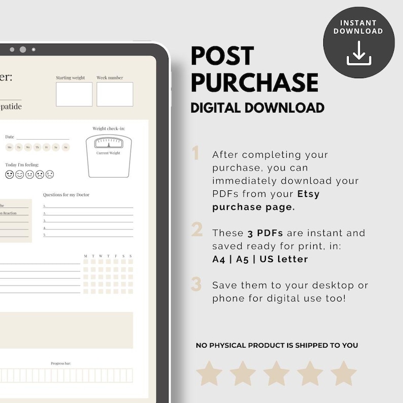Puede incluir: Descarga digital de un rastreador de p&eacute;rdida de peso en una tableta. El rastreador incluye secciones para el peso, el estado de &aacute;nimo y preguntas para un m&eacute;dico. El texto a la derecha dice "Post Purchase Digital Download" e "Instant Download".