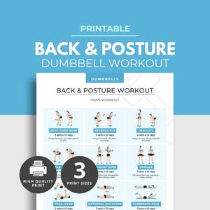 以下が含まれることがあります： 背中と姿勢のための、ダンベルワークアウトの印刷可能なチャート。エクササイズのイラストが特徴です。「BACK & POSTURE DUMBBELL WORKOUT」と「3 PRINT SIZES」のテキストが含まれています。高品質プリント。