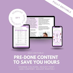 May include: A digital marketing image with a purple theme, showcasing a laptop, tablet, and smartphone displaying content about menopause. The text reads "PRE-DONE CONTENT TO SAVE YOU HOURS" and "FULLY EDITABLE".