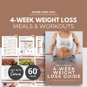 Op de afbeelding: Een promotieafbeelding voor een 4-weekse gids voor gewichtsverlies. De afbeelding toont de tekst "4-WEEK WEIGHT LOSS MEALS & WORKOUTS" en "THE ULTIMATE 4-WEEK WEIGHT LOSS GUIDE". De gids bevat maaltijdvoorbeelden, recepten en meer.
