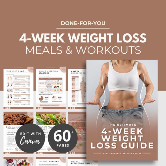 4 Week Weight Loss Guide, Canva Nutrition Template, Done for You eBook Template, Fat Loss Nutrition Plan, Workout Template, PLR, Meal Plan