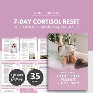 May include: A digital product with a pink and white design, titled "7-Day Cortisol Reset." The product includes 35 pages and features the text "Edit with Canva." The image also shows a person in a bathtub reading a book.