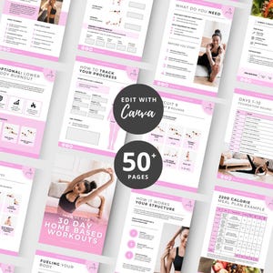 Puede incluir: Un plan de entrenamiento imprimible rosa y blanco con el texto "30 Day Home Based Workouts" y "Edit with Canva". El plan incluye un plan de comidas, rutinas de entrenamiento y un rastreador de progreso.