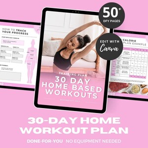 Puede incluir: Una tableta digital que muestra un plan de entrenamiento en casa de 30 d&iacute;as con un fondo rosa. El plan incluye un ejemplo de plan de calor&iacute;as y un rastreador de progreso. El texto en la tableta dice "Training Plan 30 Day Home Based Workouts" y "Edit with Canva".