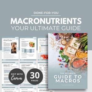 Peut inclure: Un guide numérique intitulé "Macronutriments : Votre guide ultime" avec une couverture bleu clair. Le guide comprend des pages sur les graisses, les protéines et les glucides, ainsi qu'un "Guide du débutant" et une "Fiche de triche". Le guide compte 30 pages et peut être modifié avec Canva.