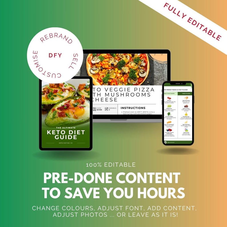 Puede incluir: Gr&aacute;fico de marketing digital con un fondo degradado verde y naranja. La imagen presenta una computadora port&aacute;til, una tableta y un tel&eacute;fono inteligente que muestran una gu&iacute;a de dieta cetog&eacute;nica y una receta de pizza vegetariana. El texto incluye "Contenido Pre-hecho Para Ahorrarle Horas" y "Totalmente Editable."