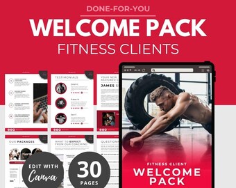 Może przedstawiać: Cyfrowy pakiet powitalny dla klientów fitness w czerwono-czarnej kolorystyce. Pakiet zawiera 30 stron treści, w tym referencje, pakiety dla klientów, czego można się spodziewać po treningu i podsumowanie programu. Na okładce znajduje się zdjęcie mężczyzny ćwiczącego z kołem.