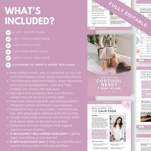 May include: A digital guide with a pink and white design, titled "Your Natural Cortisol Reset 7-Day Plan." The guide includes sections on stress, cortisol, and a 7-day plan. The words "What's Included?" are at the top.