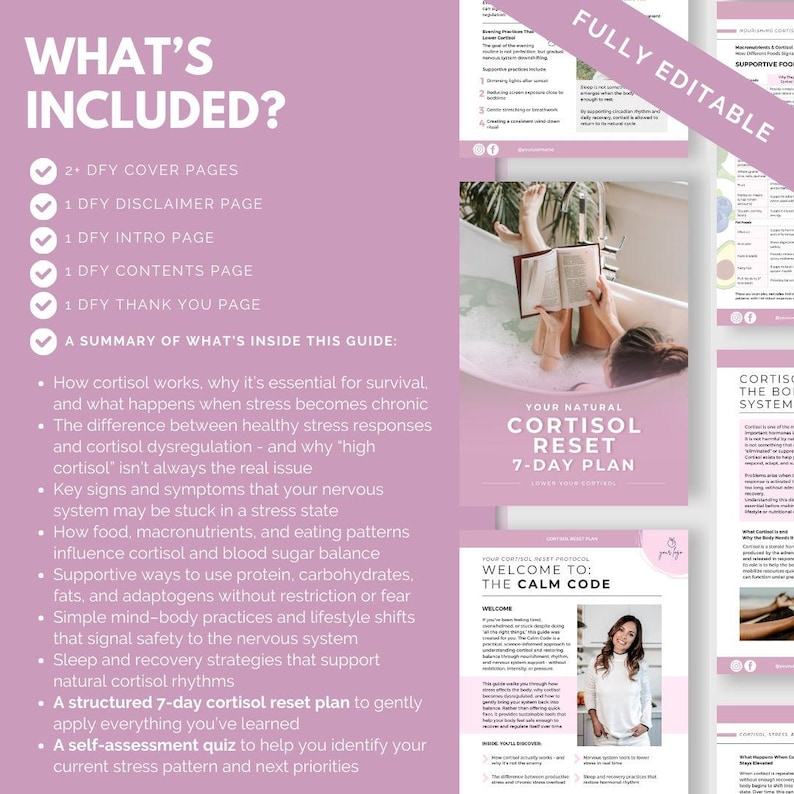 May include: A digital guide with a pink and white design, titled "Your Natural Cortisol Reset 7-Day Plan." The guide includes sections on stress, cortisol, and a 7-day plan. The words "What's Included?" are at the top.