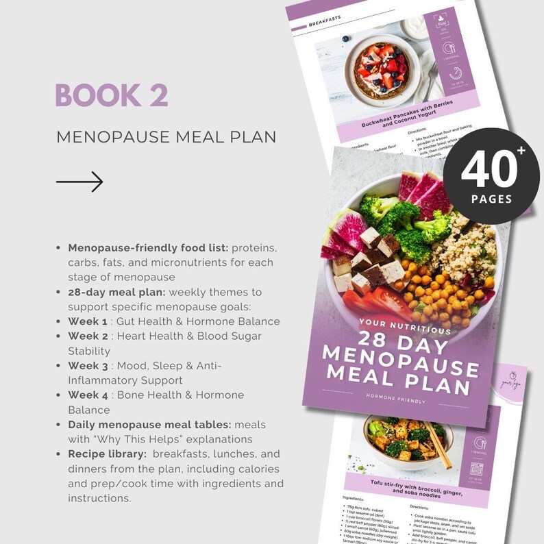 May include: A stack of printed pages with a meal plan theme. The cover reads "28 Day Menopause Meal Plan" with a bowl of food. The text "Book 2 Menopause Meal Plan" is also visible. The plan includes a 40+ page recipe library.