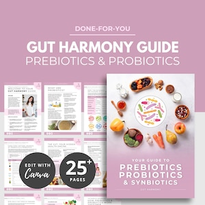 Könnte beinhalten: Ein rosa-weißes Handbuch mit dem Titel "Gut Harmony Guide Prebiotics & Probiotics" mit dem Text "Done-For-You". Das Handbuch enthält Seiten mit Text und Bildern sowie ein Cover mit einem Teller mit Essen und Illustrationen. Das Handbuch hat über 25 Seiten und kann mit Canva bearbeitet werden.