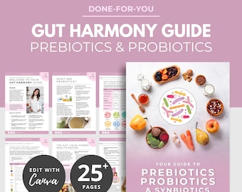 May include: A pink and white guide titled "Gut Harmony Guide Prebiotics & Probiotics" with the text "Done-For-You." The guide includes pages with text and images, and a cover with a plate of food and illustrations. The guide has 25+ pages and can be edited with Canva.