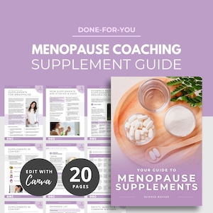 Puede incluir: Una guía titulada "Guía de suplementos de coaching para la menopausia" con el texto "Su guía de suplementos para la menopausia". La guía incluye imágenes de suplementos, agua y una cuchara de madera. La guía tiene 20 páginas y se puede editar con Canva.