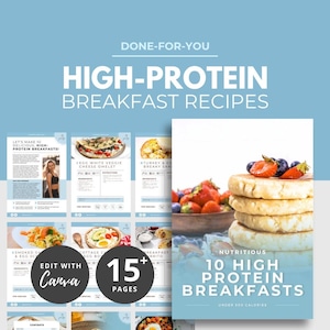 Puede incluir: Una portada de libro de cocina con el título "10 High Protein Breakfasts" y el subtítulo "Under 500 Calories". La portada presenta una pila de panqueques cubiertos con fresas y arándanos. El libro de cocina es parte de una colección "High-Protein Breakfast Recipes".