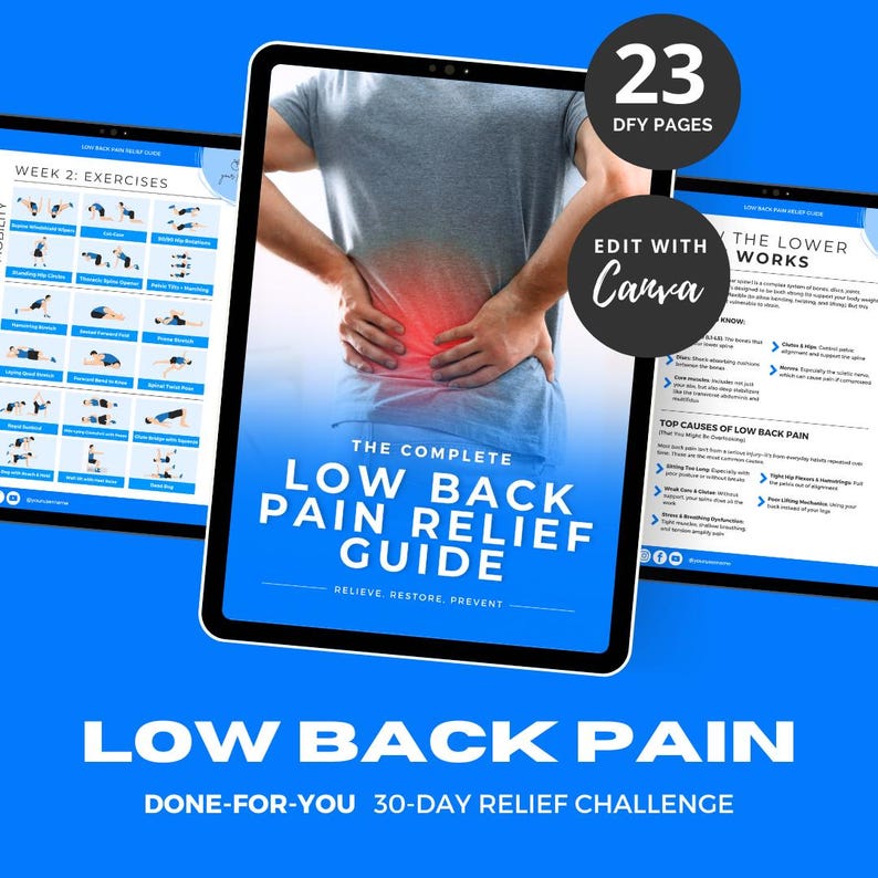 May include: A digital tablet displays a guide titled "The Complete Low Back Pain Relief Guide." The image shows a person touching their lower back, with a red highlight indicating pain. The guide promises relief and prevention.