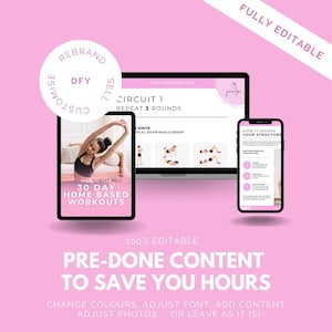 Puede incluir: Una plantilla de marketing digital rosa y blanca para un programa de entrenamiento en casa de 30 d&iacute;as. La plantilla incluye una computadora port&aacute;til, una tableta y un tel&eacute;fono con contenido predise&ntilde;ado que es totalmente editable. El texto en la plantilla dice "REBRAND DFY SELL", "CIRCUIT 1 REPEAT 3 ROUNDS", "30 DAY HOME BASED WORKOUTS", "HOW IT WORKS YOUR STRUCTURE", "100% EDITABLE PRE-DONE CONTENT TO SAVE YOU HOURS", "CHANGE COLOURS. ADJUST FONT. ADD CONTENT. ADJUST PHOTOS... OR LEAVE AS IT IS!"