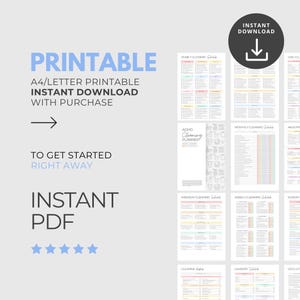 May include: A digital printable with the word "PRINTABLE" in large blue letters. The image includes various cleaning schedule templates, an "ADHD Cleaning Planner," and the text "INSTANT DOWNLOAD" and "INSTANT PDF."
