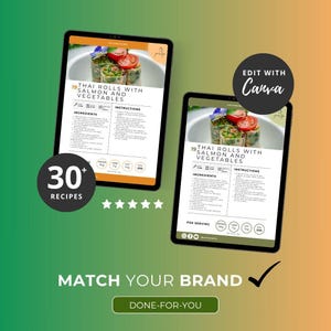 Puede incluir: Dos tabletas digitales muestran una receta de rollitos tailandeses con salm&oacute;n y verduras. Las tabletas son negras con texto e im&aacute;genes en blanco. Una tableta tiene un c&iacute;rculo que dice "30+ Recetas". La imagen tambi&eacute;n incluye el texto "Match Your Brand" y "Done-For-You".