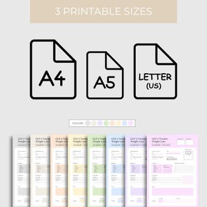 Puede incluir: Descarga digital con rastreadores de p&eacute;rdida de peso en tama&ntilde;os A4, A5 y Letter (US). El dise&ntilde;o incluye una paleta de colores y varias plantillas de seguimiento con espacio para la entrada de datos. El texto "3 PRINTABLE SIZES" est&aacute; en la parte superior.