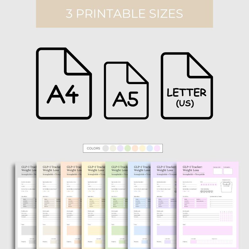 Puede incluir: Descarga digital con rastreadores de p&eacute;rdida de peso en tama&ntilde;os A4, A5 y Letter (US). El dise&ntilde;o incluye una paleta de colores y varias plantillas de seguimiento con espacio para la entrada de datos. El texto "3 PRINTABLE SIZES" est&aacute; en la parte superior.
