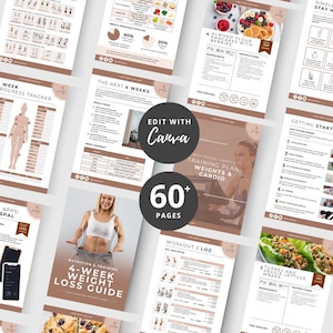 May include: A collection of fitness and nutrition guides with a brown and white color scheme. The guides include workout logs, recipes, and a 4-week weight loss guide. The image also includes the text "Edit with Canva" and "60+ Pages."