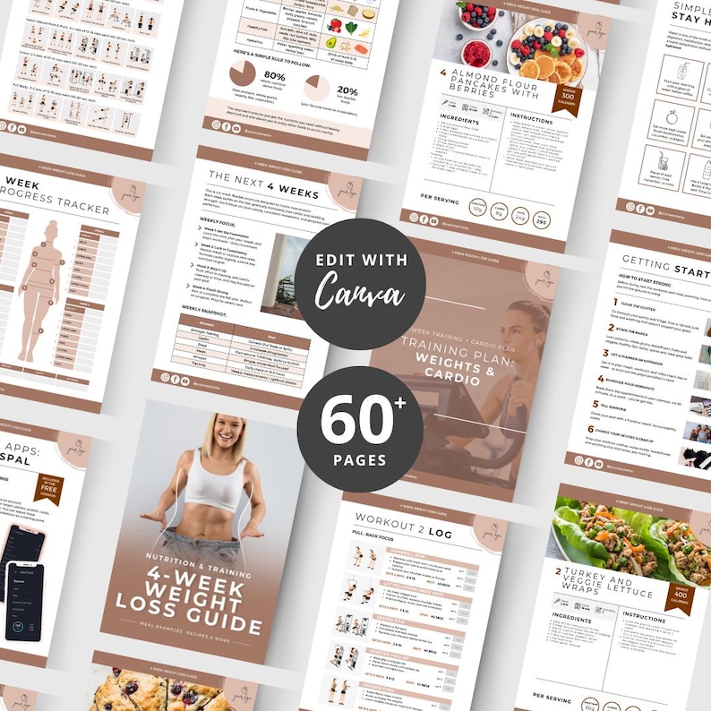 May include: A collection of fitness and nutrition guides with a brown and white color scheme. The guides include workout logs, recipes, and a 4-week weight loss guide. The image also includes the text "Edit with Canva" and "60+ Pages."