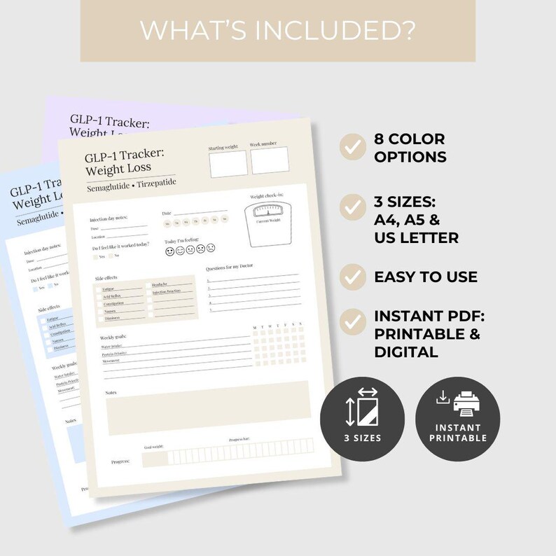 Puede incluir: Varios rastreadores de p&eacute;rdida de peso imprimibles con el texto "GLP-1 Tracker: Weight Loss" y "What's Included?". Los rastreadores ofrecen 8 opciones de color, 3 tama&ntilde;os (A4, A5 y US Letter), son f&aacute;ciles de usar y son PDF instant&aacute;neos imprimibles y digitales.