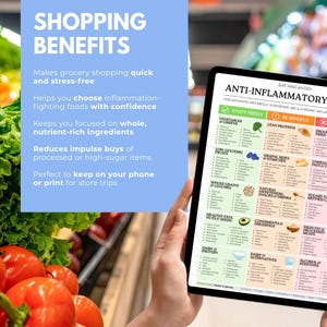 Peut inclure: Une tablette affiche un guide alimentaire anti-inflammatoire, tenue devant un arri&egrave;re-plan d'&eacute;picerie. Le guide classe les aliments en sections telles que les l&eacute;gumes, les prot&eacute;ines maigres et les c&eacute;r&eacute;ales. Le texte &agrave; l'&eacute;cran indique "Manger et &eacute;viter" et "Avantages des achats".