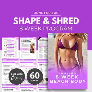 Könnte beinhalten: Ein rosa-violettes digitales Produktcover mit dem Text "Shape & Shred 8 Week Program" und "Get Holiday Ready". Das Cover zeigt eine Frau in einem violetten Bikini am Strand.