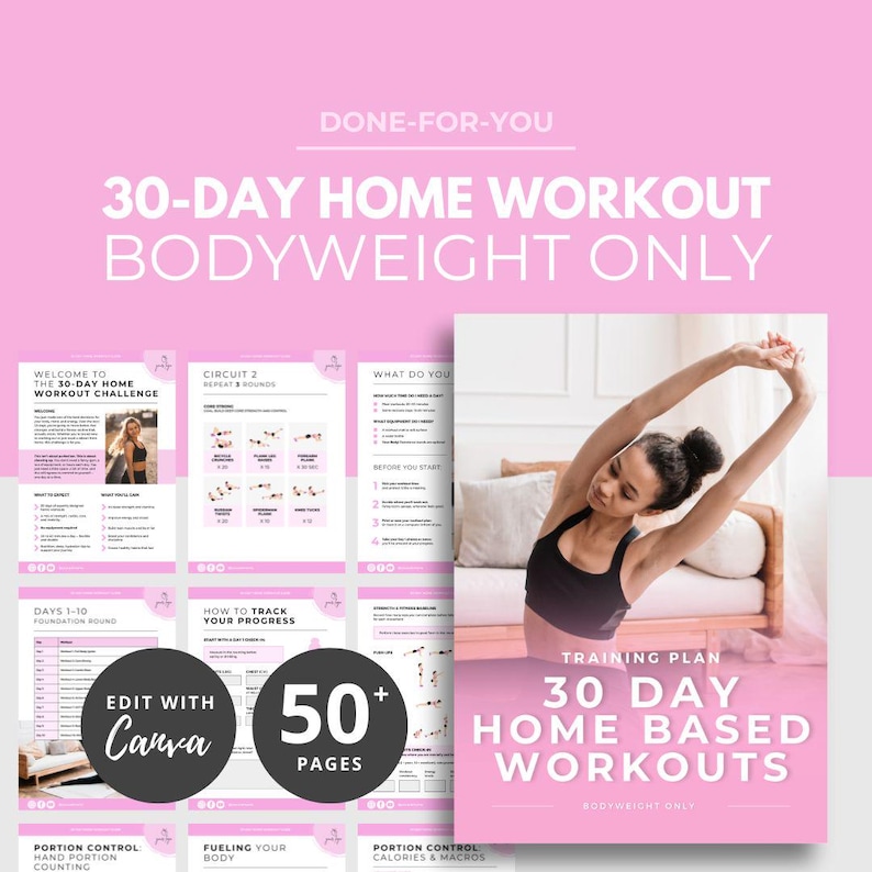 Programa de entrenamiento en casa de 30 días, productos digitales PLR, plantilla de libro electrónico de Canva, listo para usar, plantilla de entrenamiento, plan de entrenamiento, entrenamiento en casa DFY imagen 1
