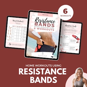 Könnte beinhalten: Ein digitales Tablet zeigt ein Trainingsprogramm mit Widerstandsbändern. Das Programm umfasst sechs verschiedene Workouts und zeigt eine Frau, die die Übungen demonstriert. Der Text auf dem Tablet lautet "Resistance Bands 6 Workouts".